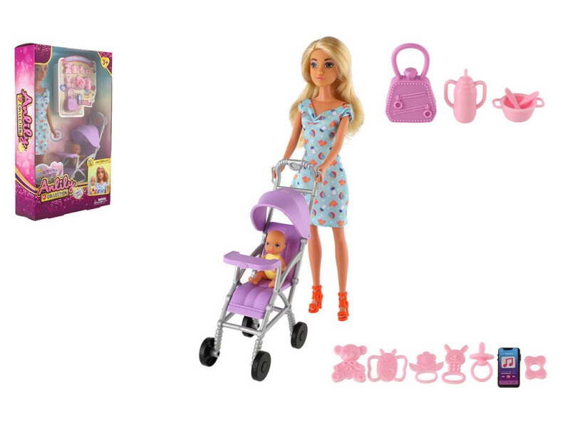 Panenka Anlily s holčičkou a kočárkem + doplňky 30cm